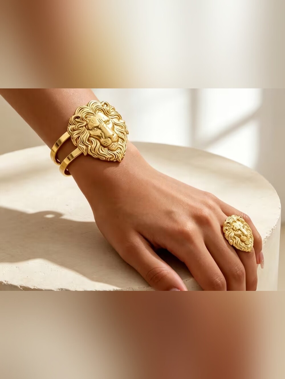 Jewelry set GoldVermeil Carved Lions Head Cuff Bracelet &Ring